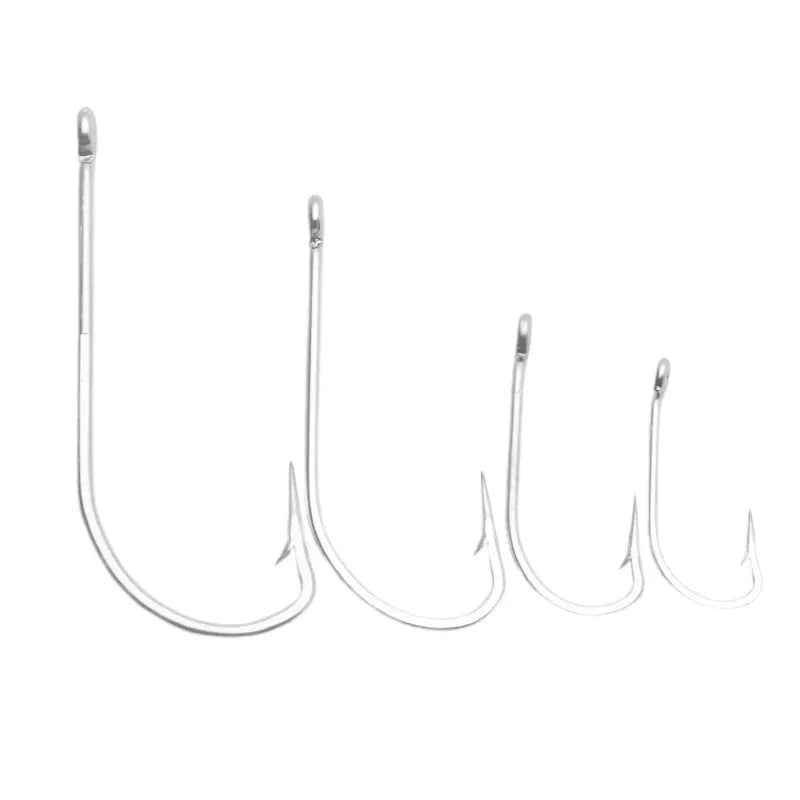 Set of alloy sea fishing hooks in various styles for ocean boat fishing.