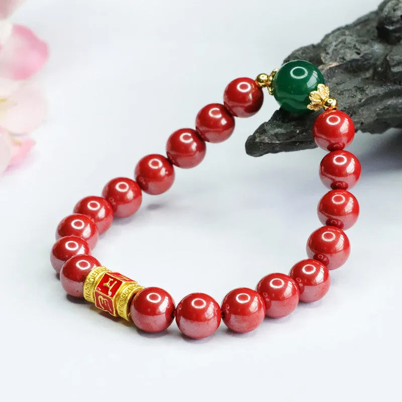 Cinnabar bracelet with engraved six-word motto and 8mm beads in emperor sandstone colour