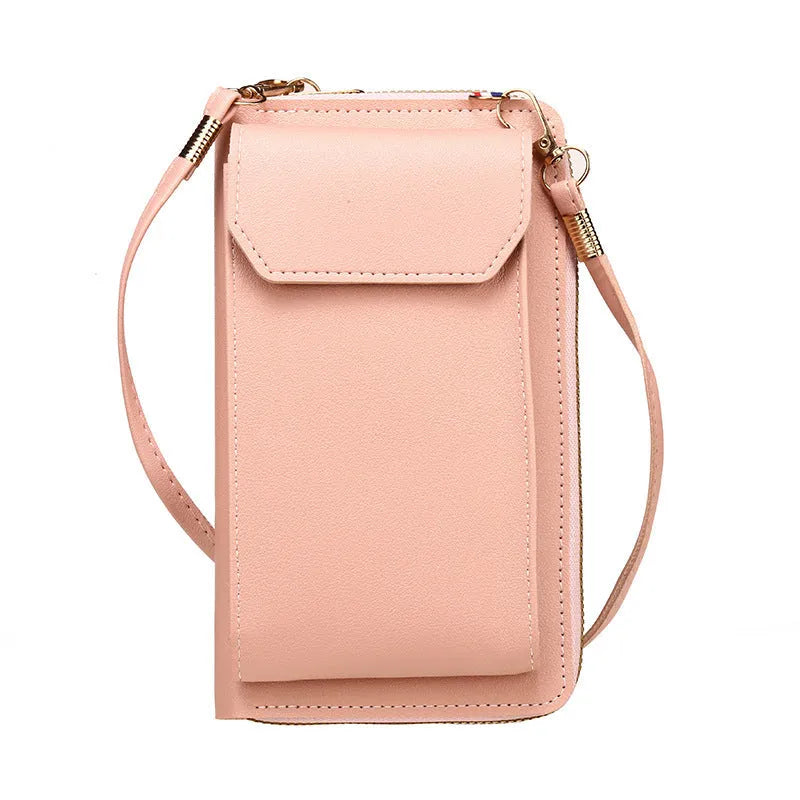 Mini crossbody phone bag for women in black PU leather with adjustable strap and sewing thread detail.