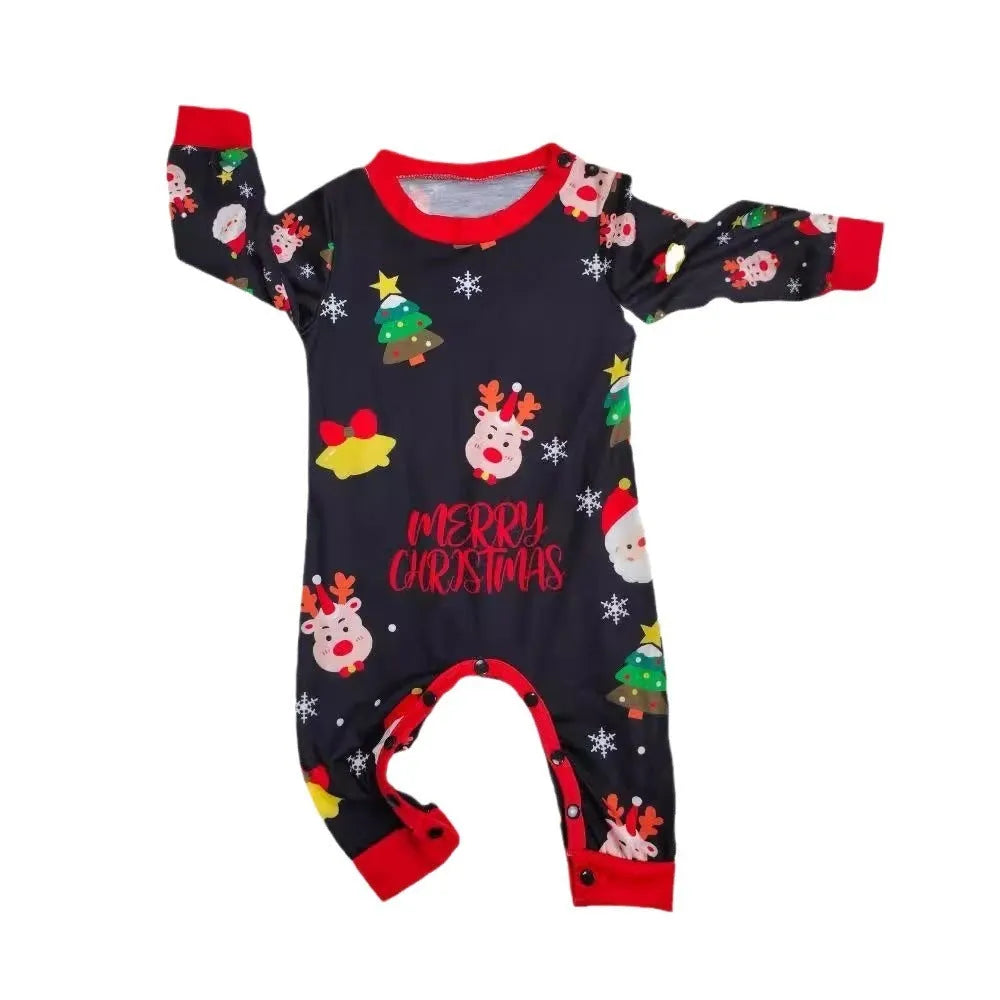 Family Christmas matching pajamas set in cotton fabric with plaid print, showing adult, child and dog sizes