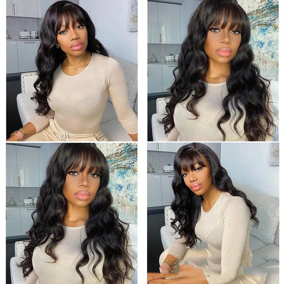 Body wave full machine made non-lace human hair wig for women, available in 12 to 30 inch lengths
