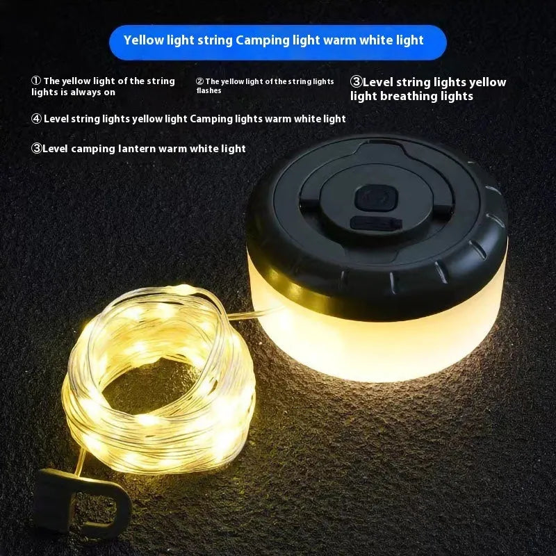 Rechargeable outdoor tent string lighting with 30 LEDs along 8 metres of flexible material