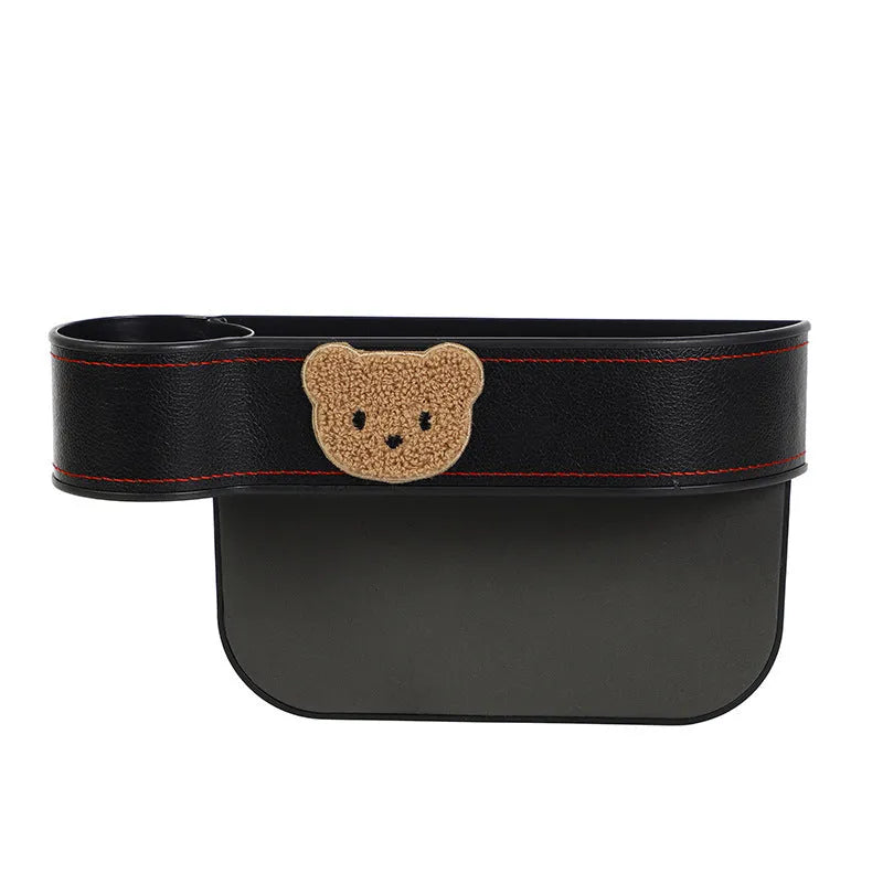 Leather car seat gap storage box with cartoon bear design for vehicle organisation