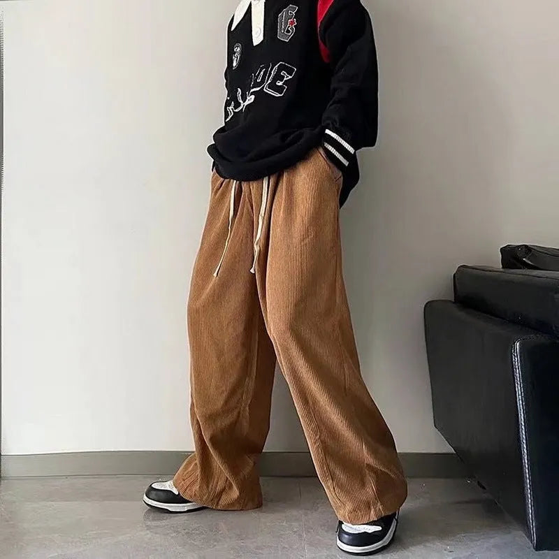 Men's corduroy straight leg trousers in khaki, white, black or dark grey, sizes M-3XL, with fleece-lined options.