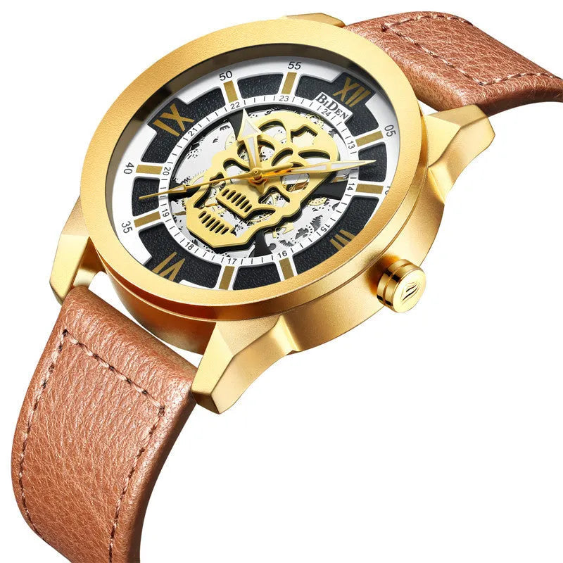 Biden men's hollow quartz watch with leather strap and calendar display