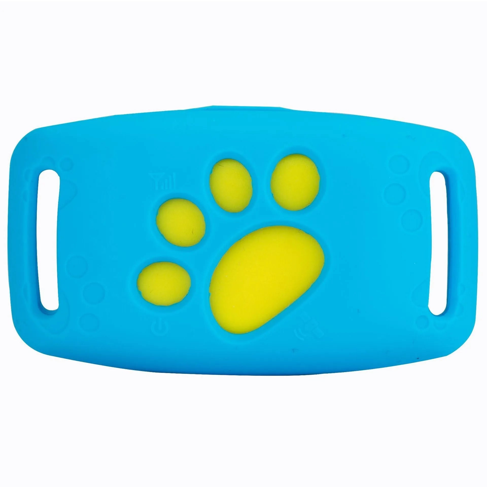 Waterproof GPS pet tracker in black casing with yellow interior showing compact dimensions for collar attachment