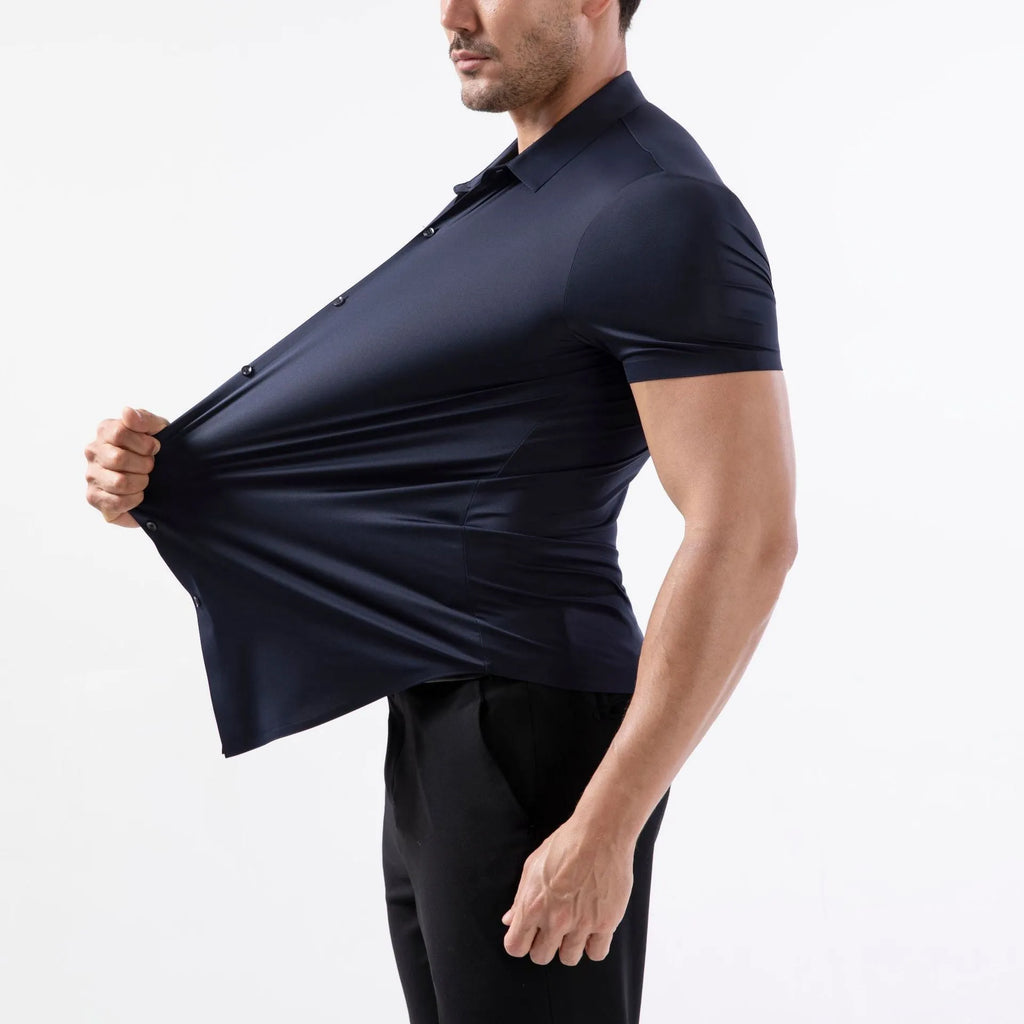 Men's four-side elastic short sleeve shirt in cardigan style with non-ironing anti-wrinkle fabric