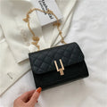 Women's minimalist crossbody bag with diamond lattice chain strap in black, green, or white.