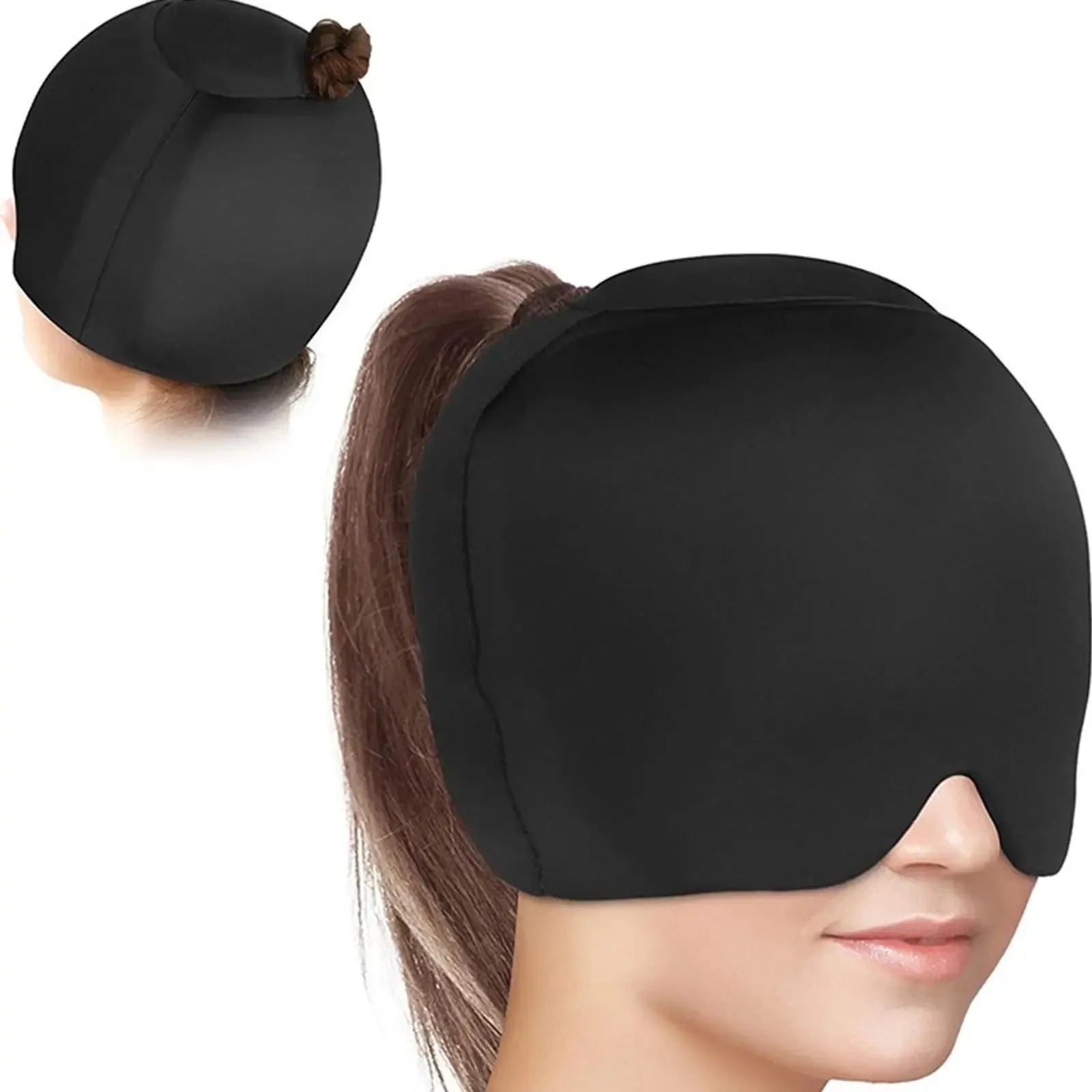 A simple solid colour fully enclosed cold compress cap made from polyester fabric.
