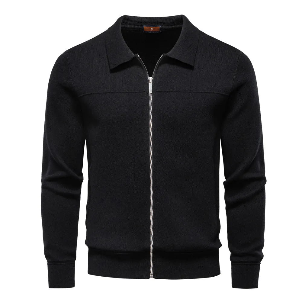 Men's 100% cotton slim fit zip cardigan in black, dark blue, and dark gray - front view