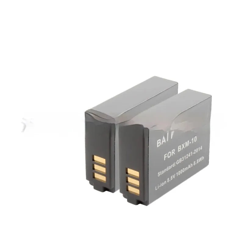 Black BXM-10 replacement camera battery, 1000mAh 8.8V lithium, 45.6x32.5x12.4mm, 35g