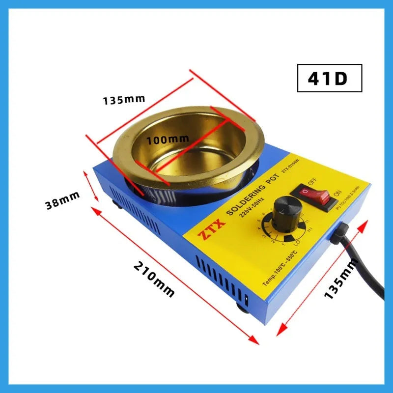 Desktop adjustable temperature tin melting furnace with thermostat dial and titanium-plated crucible.