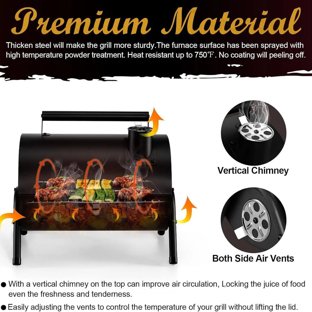 Small folding desktop charcoal barbecue smoking device with grill.