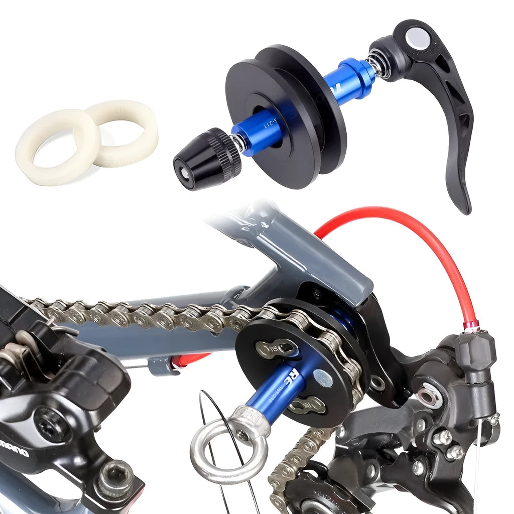 Aluminium bicycle chain holder tool for washing and tensioning, showing three version options.