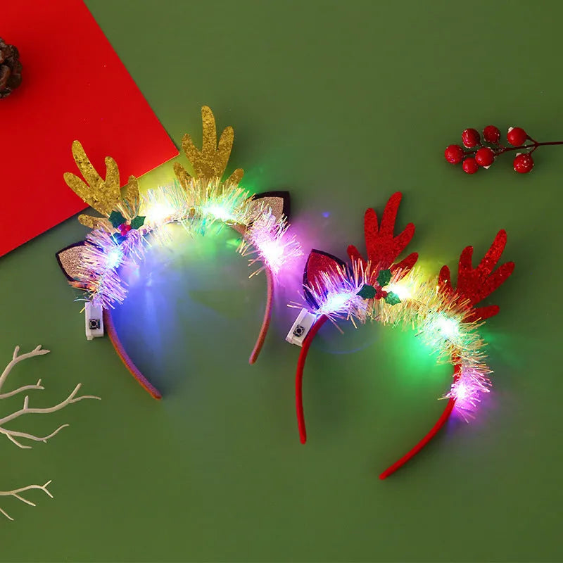Christmas LED hair band with flashing lights, plastic headband in festive motifs including tree, snowflake, and deer horn designs