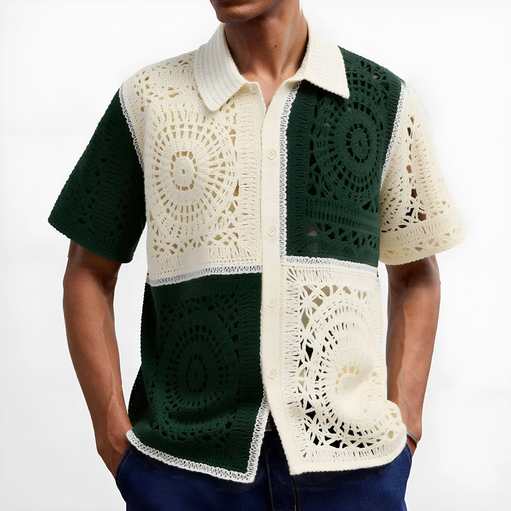 Beige men's colourblock knitted short sleeve shirt with flocking texture detail.