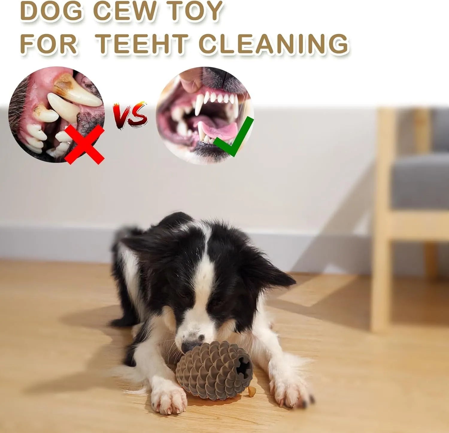 Yellow pine cone shaped natural rubber dog chew toy with treat dispenser hole