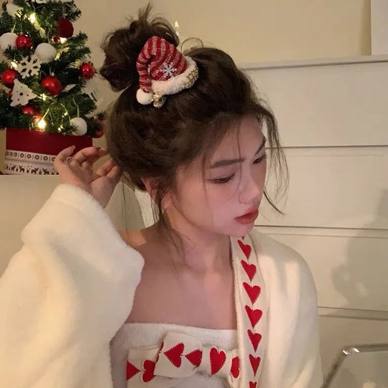 Red plush Christmas hat headband with jingling bell for women