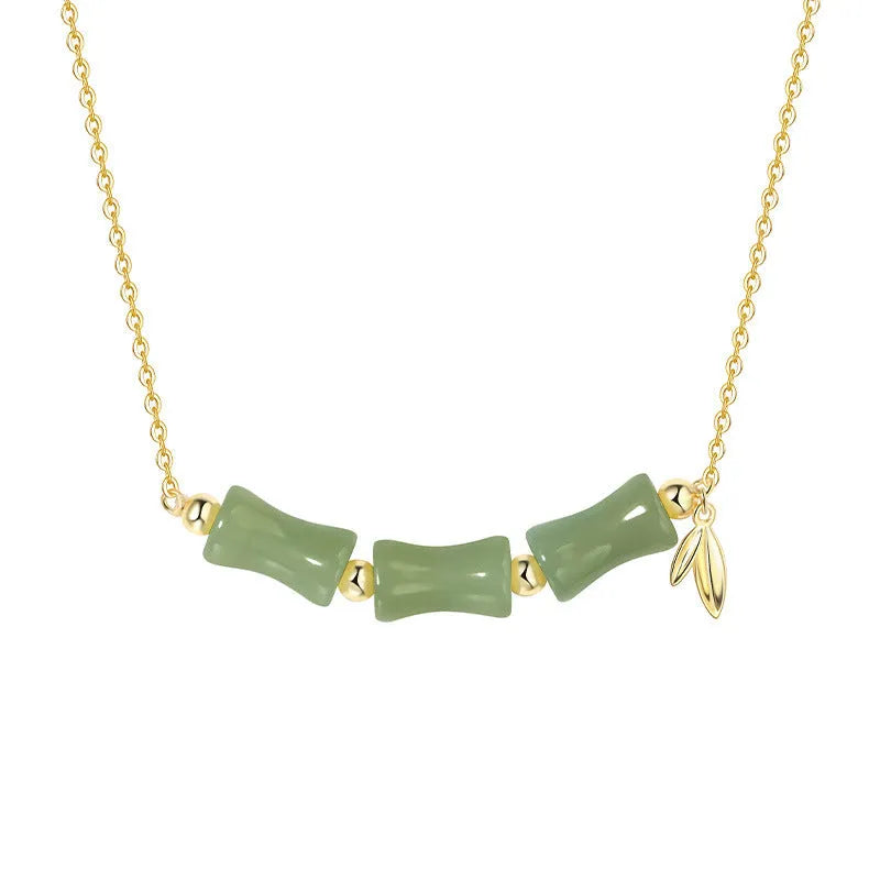 Chinese style bamboo Hetian jade bracelet and necklace set for women with alloy construction