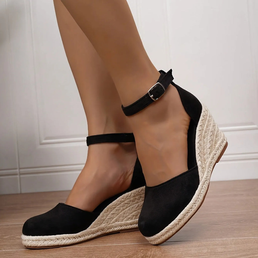 Women's apricot suede wedge sandals with buckle fastening and rubber sole