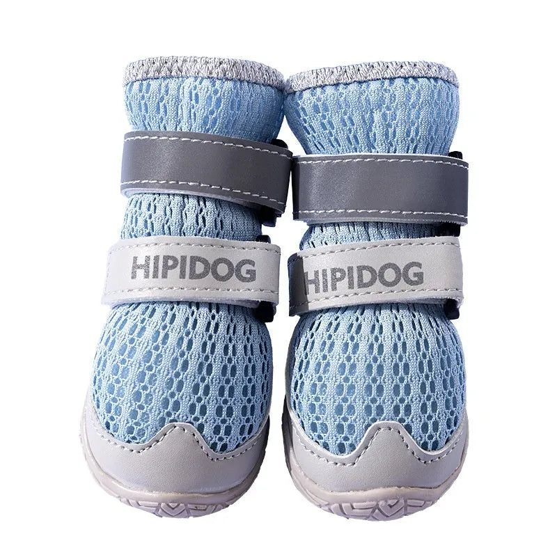 Pair of blue cartoon-style dog shoes with a wear-resistant sole for summer pavement protection.