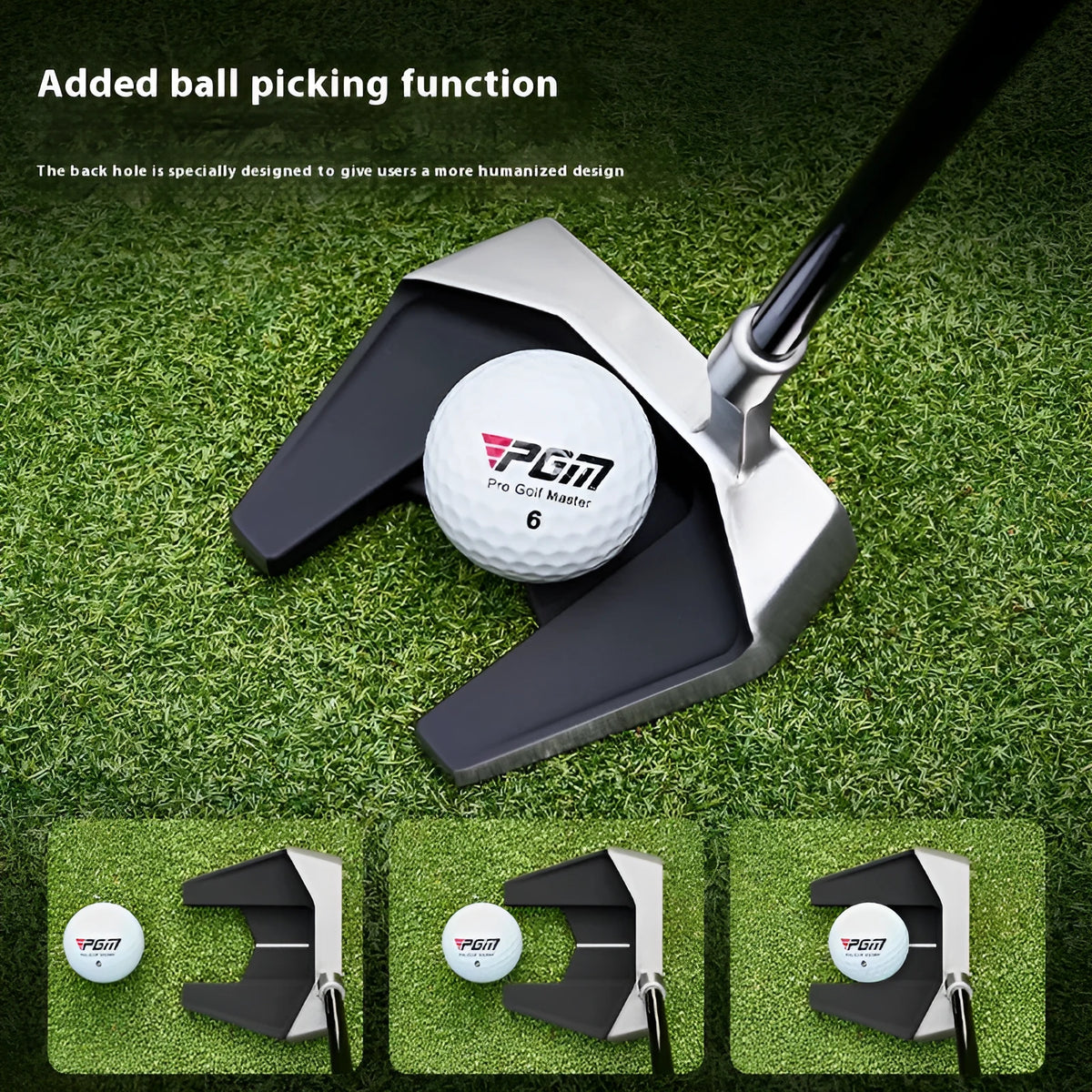 PGM left-hand standing putter in silver and black with stainless steel head, carbon shaft, aiming line, and head cover.