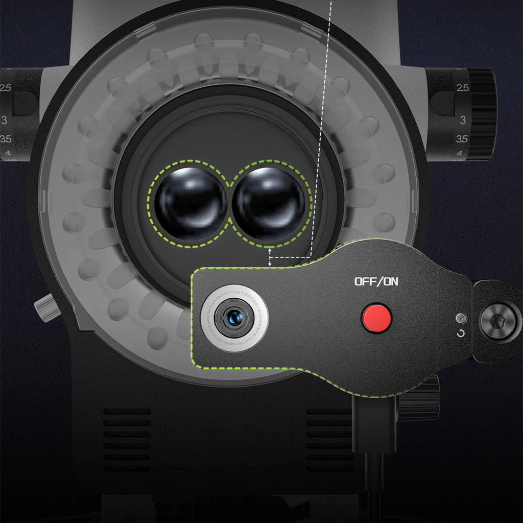 Mini microscope thermal imaging camera with tuner lens, extension bracket, and mounting tools on a workbench.