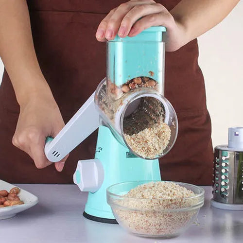 Manual round mandoline kitchen slicer with stainless steel blade in blue colour