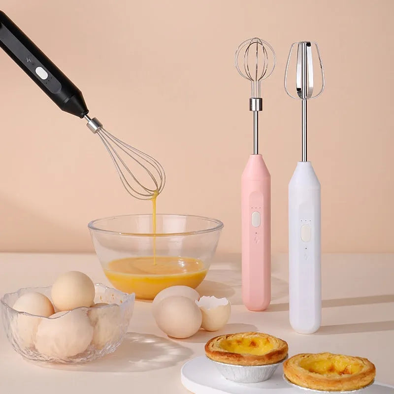 Handheld electric egg beater in black, pink, or white with grow head, 304 stainless steel and ABS, cordless 2000mAh, 18000 rpm.