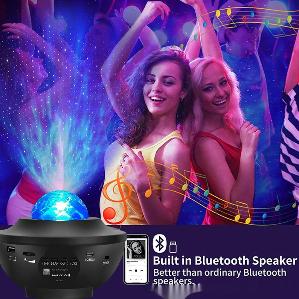 Black parallel style Bluetooth starry sky projection lamp with remote control on a desktop.