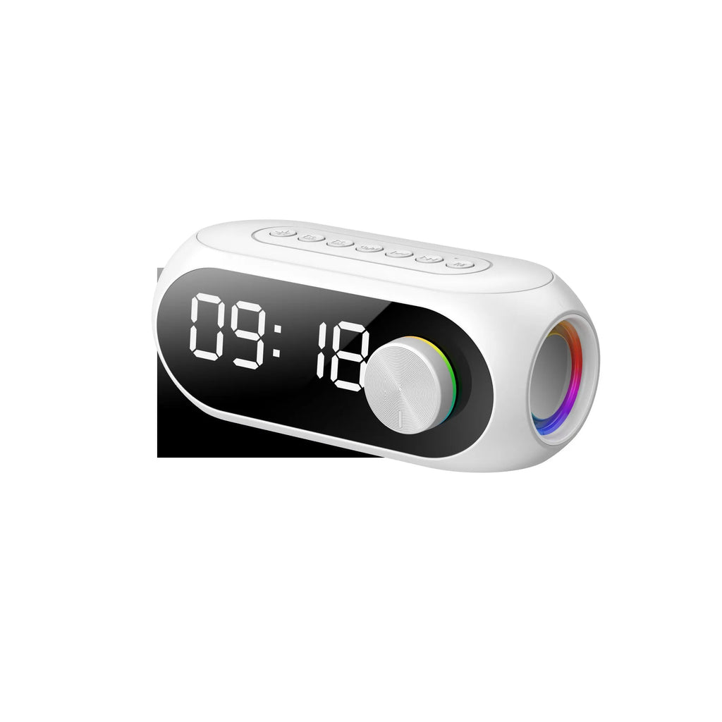 Extra bass portable mini clock Bluetooth speaker in black, blue, or white with USB charging cable.