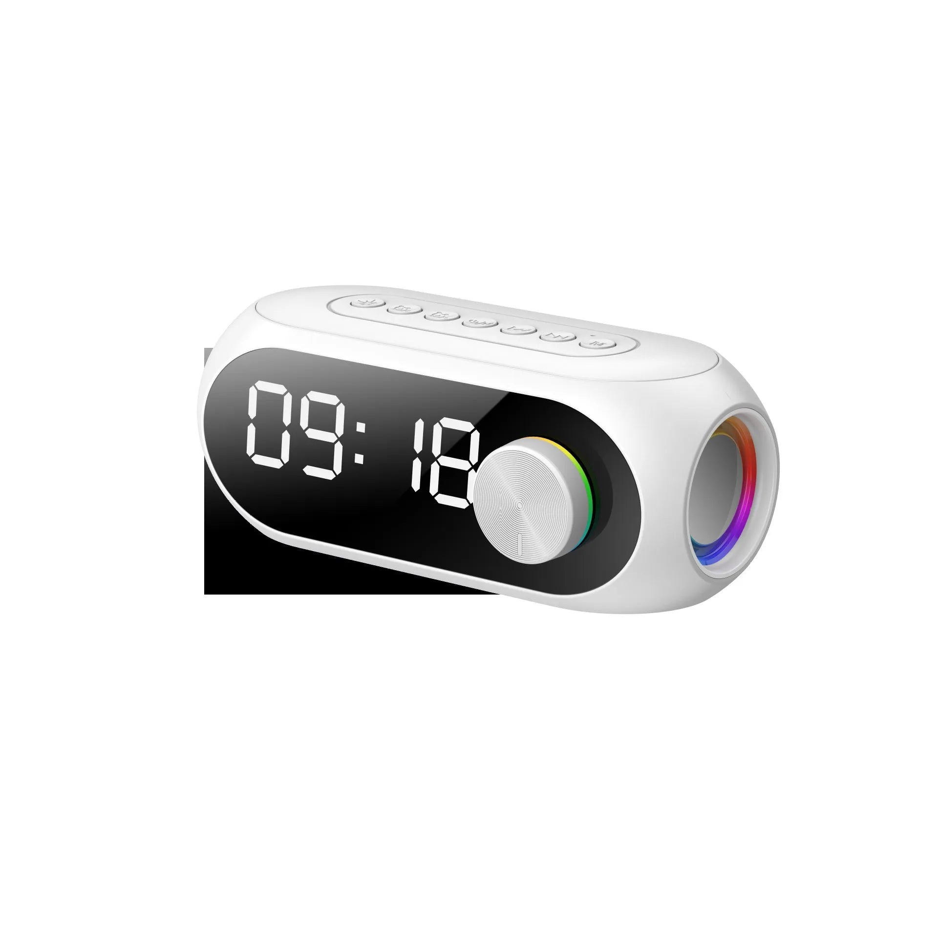Extra bass portable mini clock Bluetooth speaker in black, blue, or white with USB charging cable.