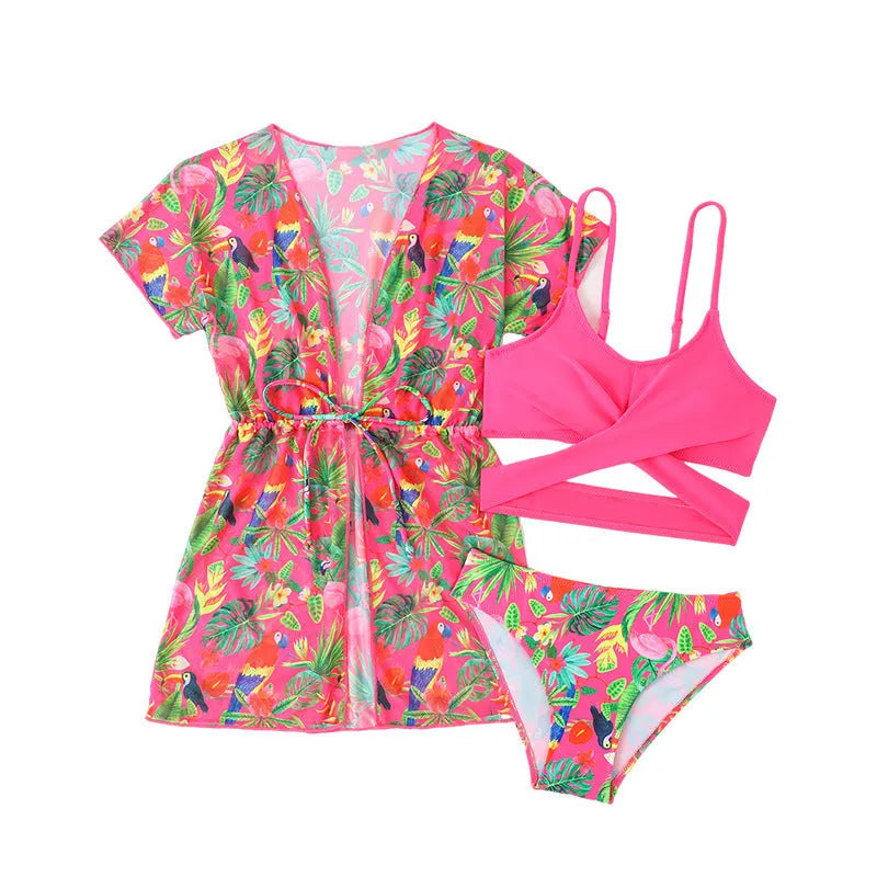 Girls floral patterned split overclothes swimsuit bikini set in polyester fabric