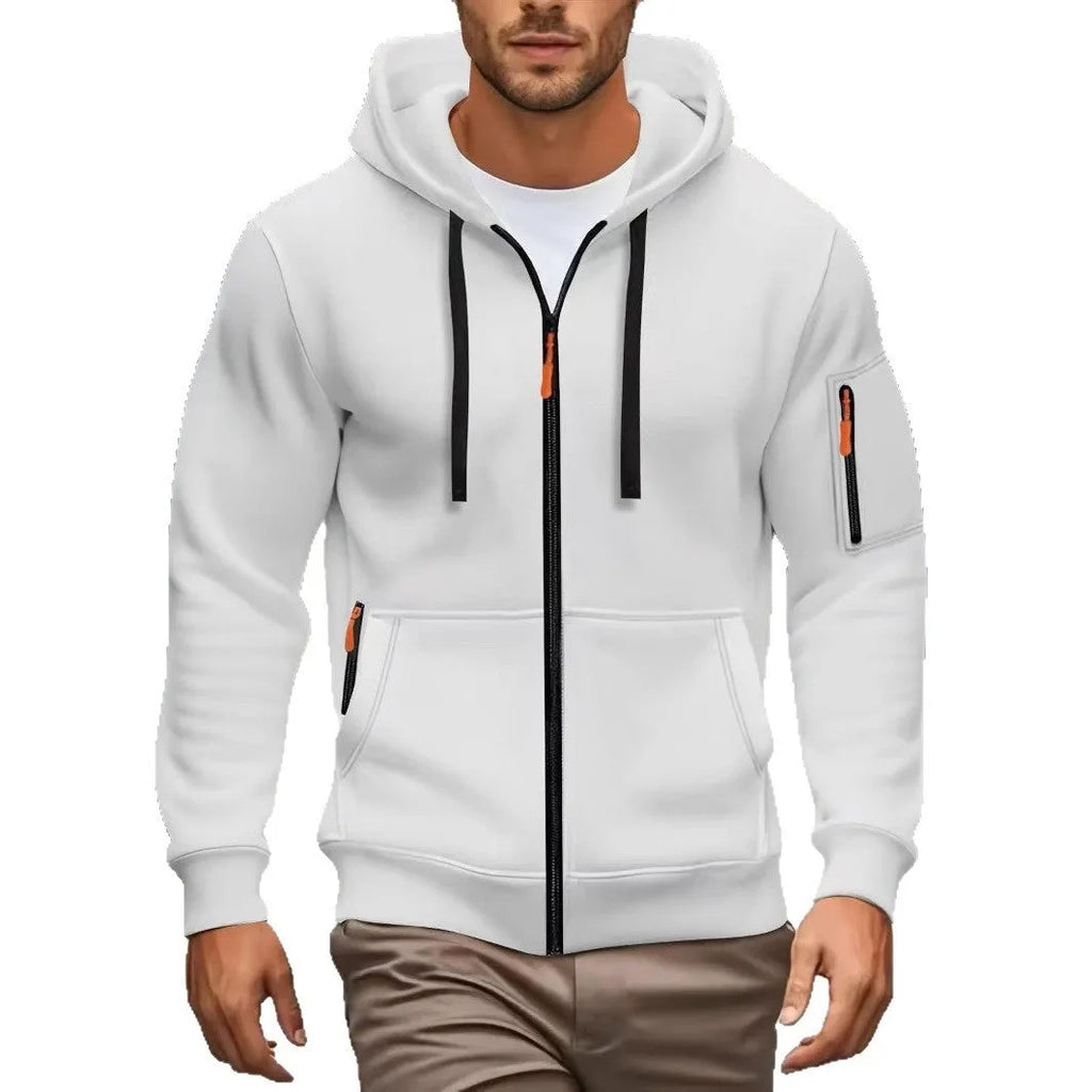 Men's hooded zip-up cardigan coat with a wool lining shown in army green colour.
