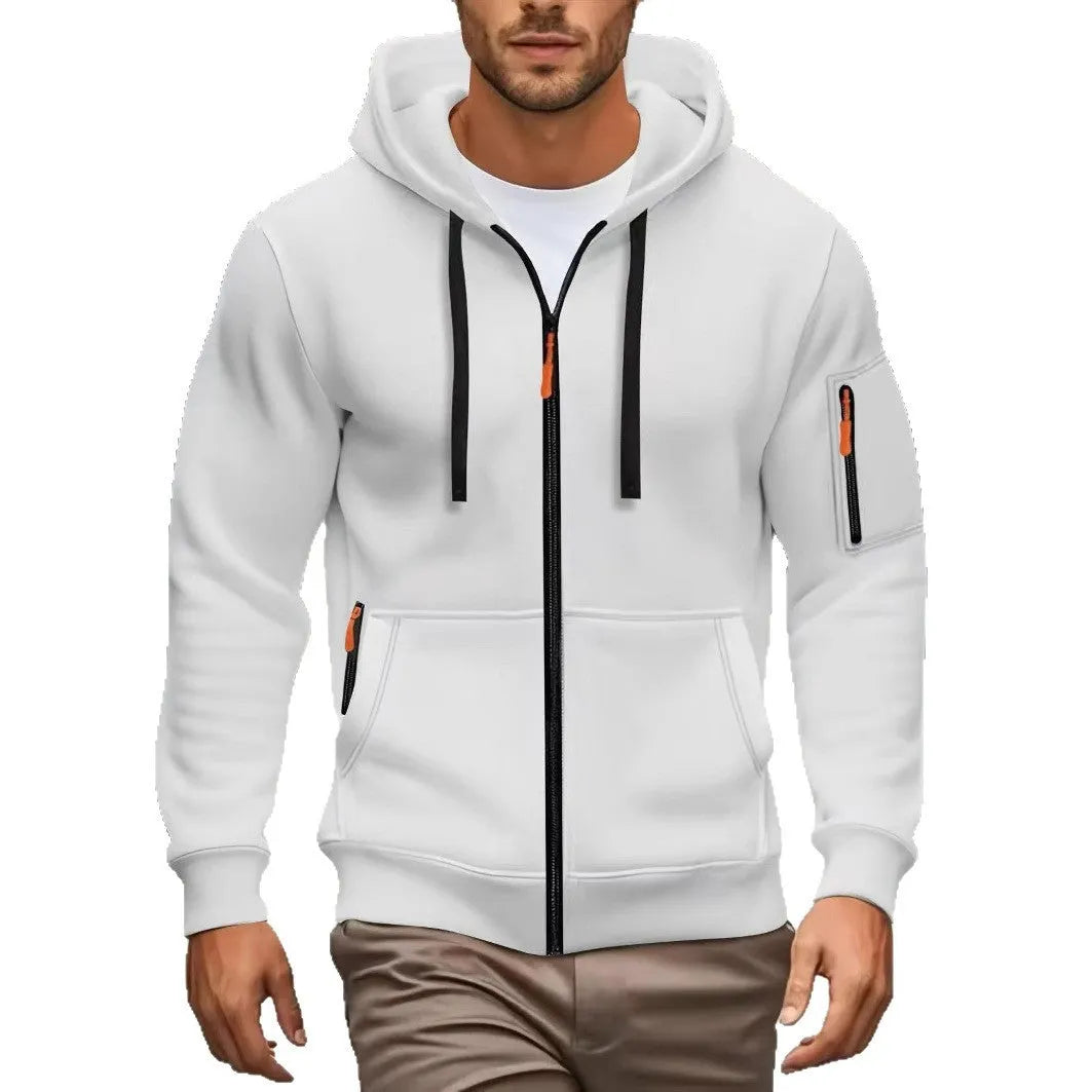 Men's hooded zip-up cardigan coat with a wool lining shown in army green colour.