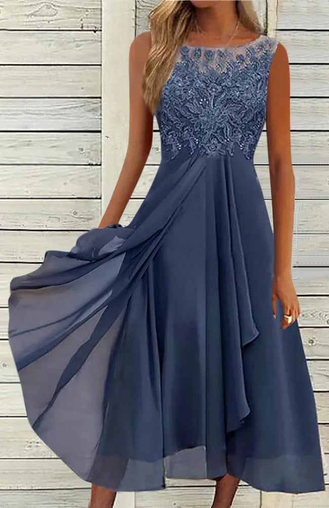Women's sleeveless mid-length chiffon dress with lace stitching in blue, green, or purple.