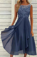 Women's sleeveless mid-length chiffon dress with lace stitching in blue, green, or purple.