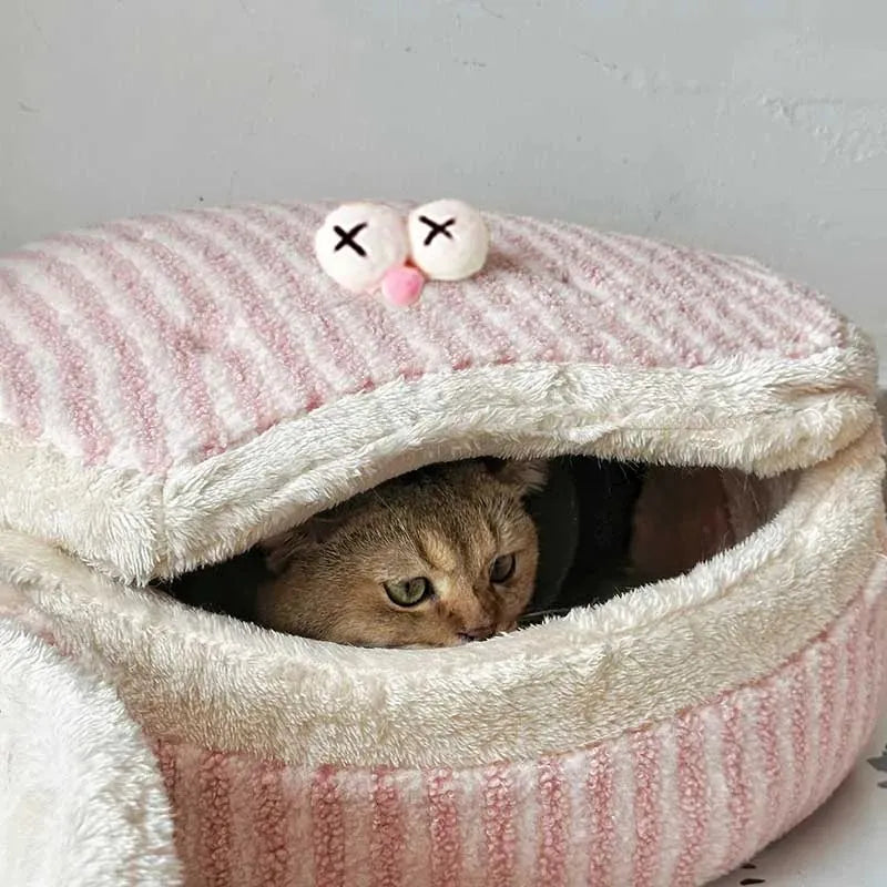 Causeway Braised Sandwich Cat Nest, warm velvet cat bed, 45cm diameter, pink colour, removable lid