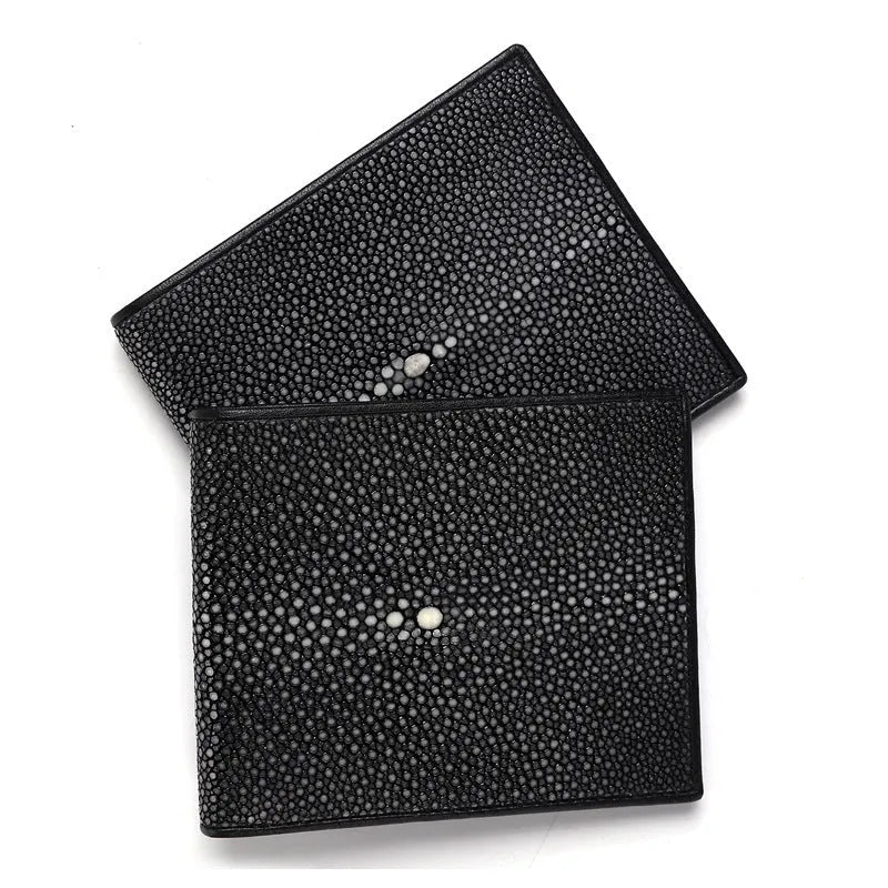 Pearl fishskin leather wallet in horizontal square shape with sewing thread detailing