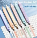 Set of double-ended fluorescent highlighting pens showing chisel and fine tips, in mixed, salt series, and sweet series colours.