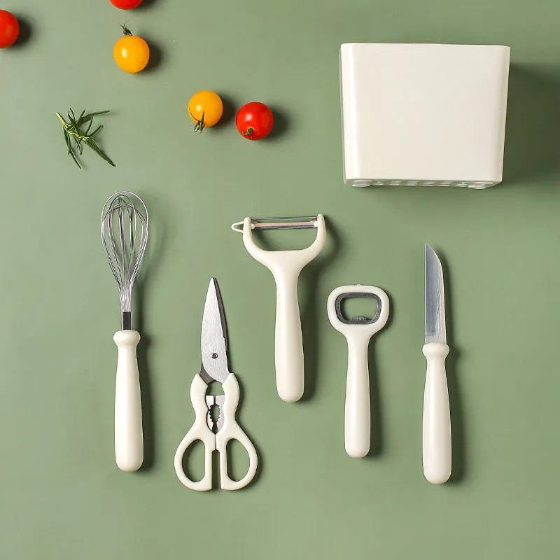 Six-piece white stainless steel kitchen gadget set for home use in modern simplicity style