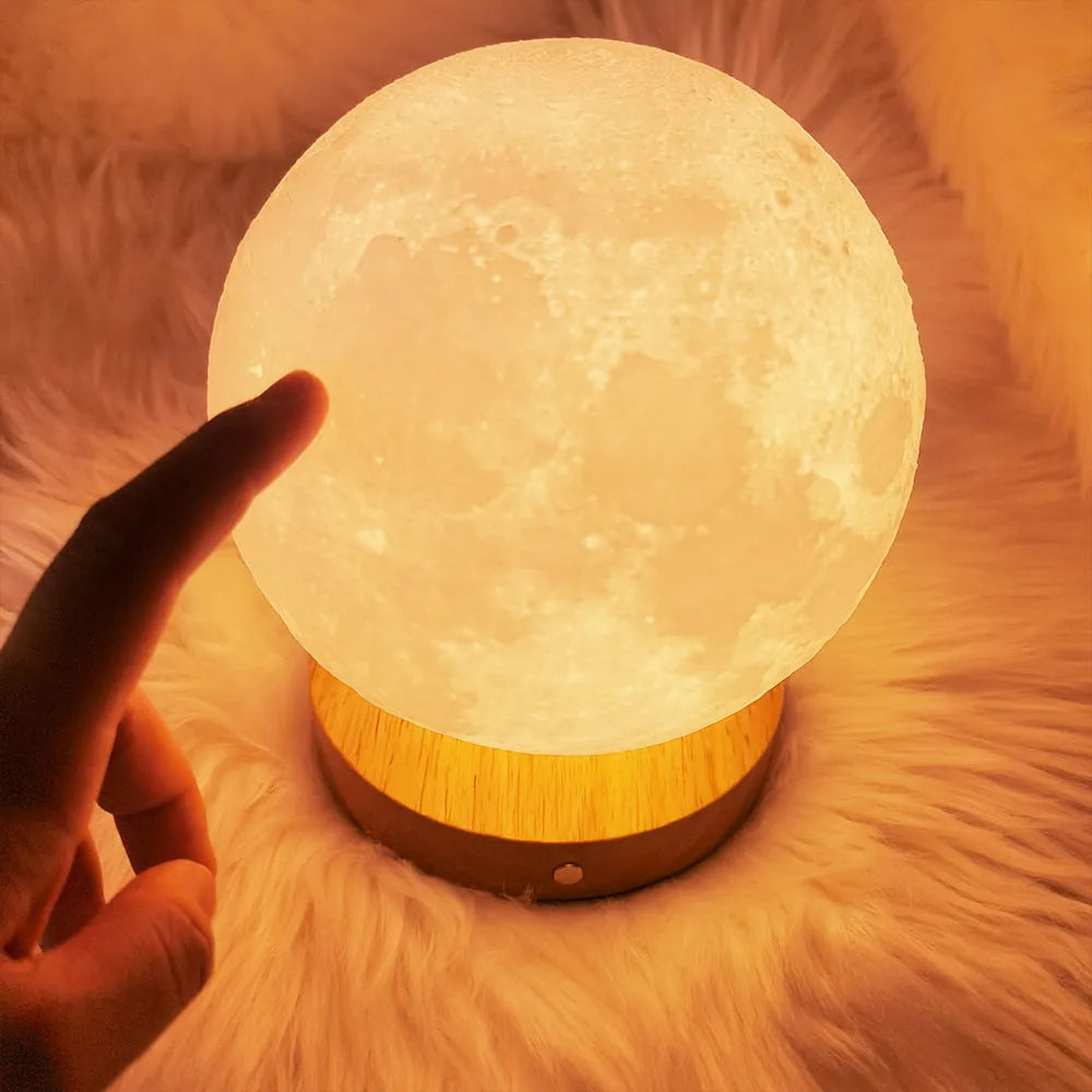 Rotating sleeping moon night lamp with wooden base in Nordic style