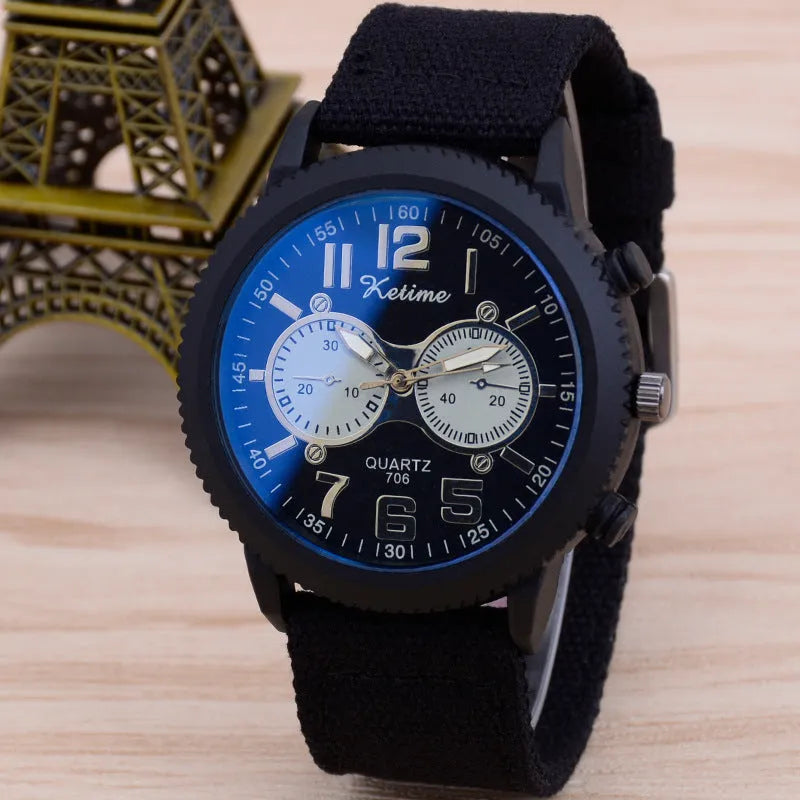 Men's fashion wristwatch with cloth band, quartz movement, 48mm zinc alloy dial, pointer display