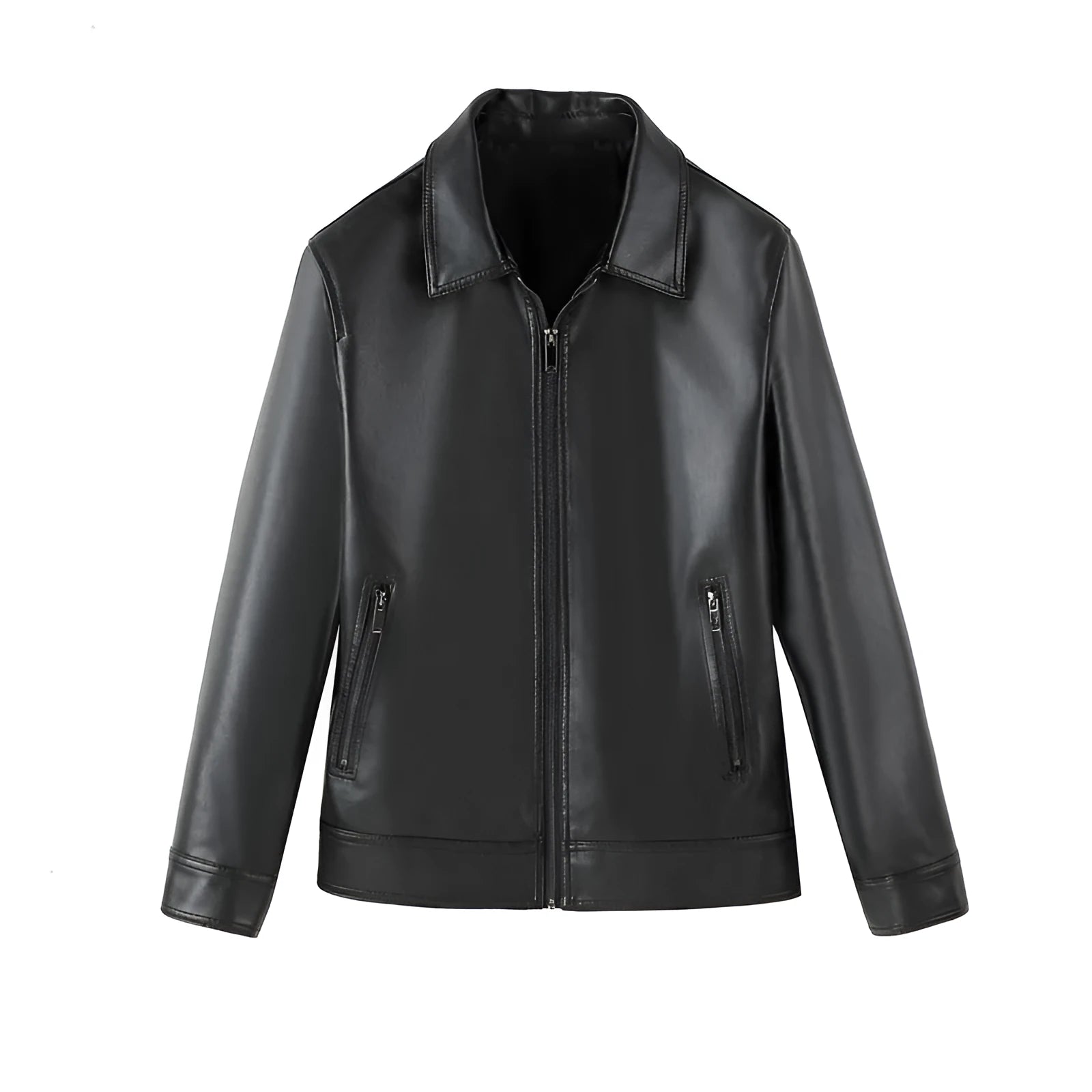 Men's black PU leather casual jacket showing front zipper and zippered pockets