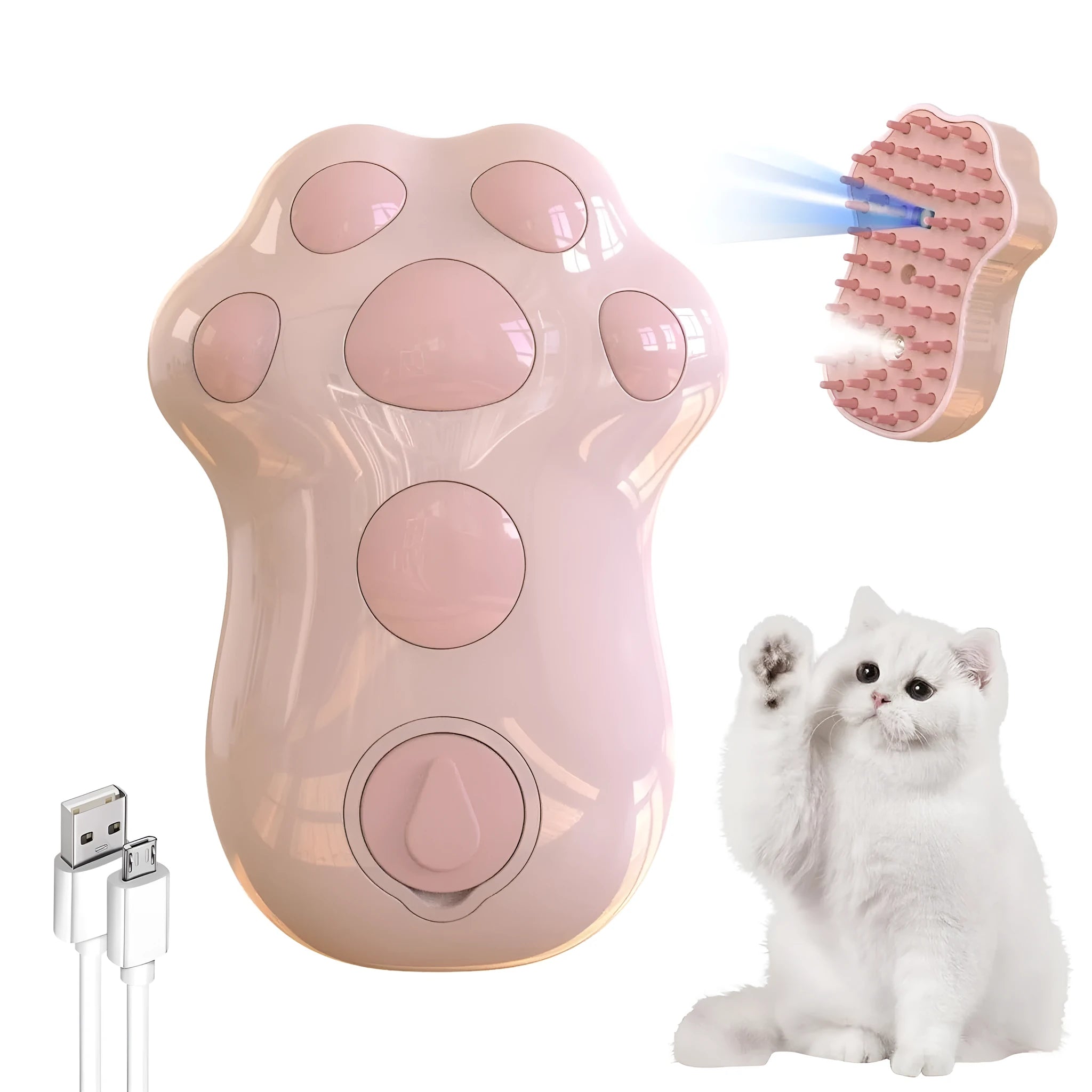Self-cleaning cat steam brush with blue light, silicone bristles, and rechargeable spray function
