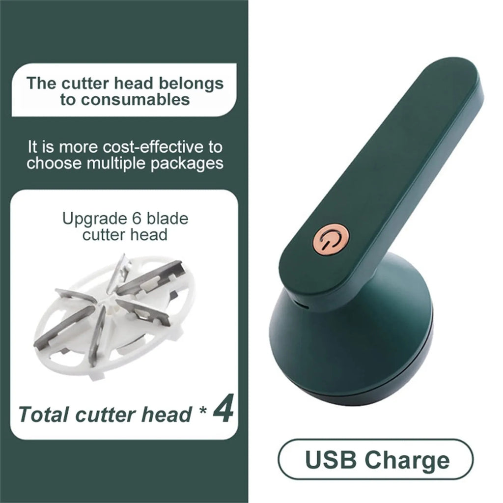 White or green USB-rechargeable electric lint remover with removable lint collection container