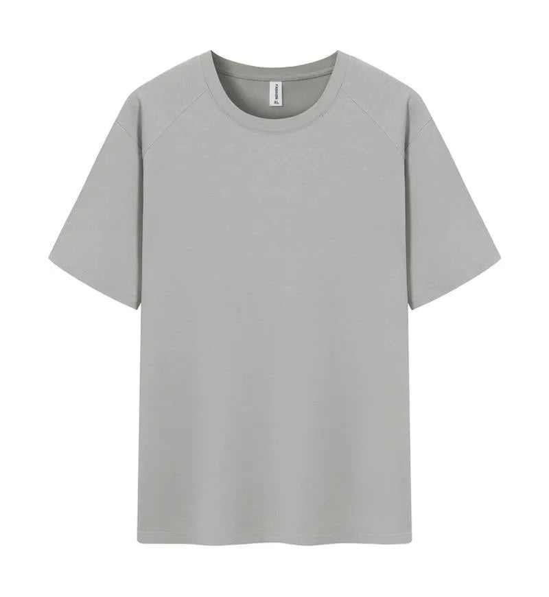 A man's pure cotton solid colour short sleeve T-shirt laid flat, showing its straight cut.
