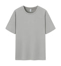 A man's pure cotton solid colour short sleeve T-shirt laid flat, showing its straight cut.
