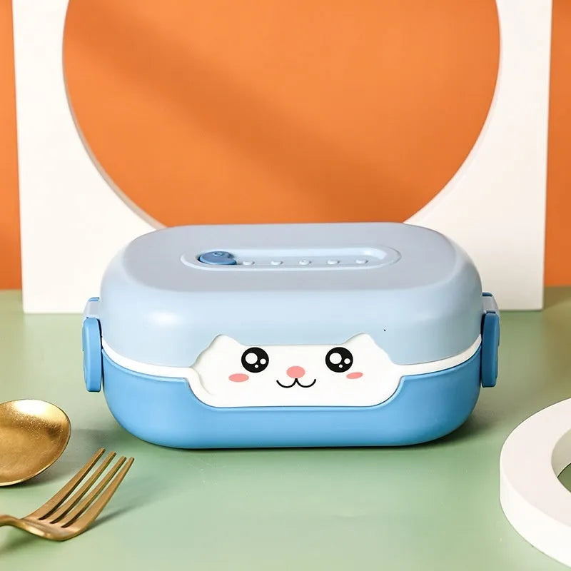 Square plastic divided lunch box in dark blue, orange yellow, or pink and green, shown with compartments.