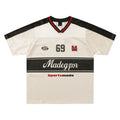 Apricot coloured V-neck sports jersey with letter pattern print and drop-shoulder sleeves